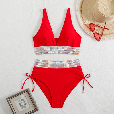2026 Solid Color Drawstring Bikini Set-High Waist