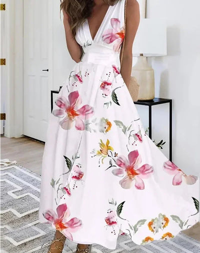 Summer Women's Fashion V-Neck Sleeveless High Waist Long Dress