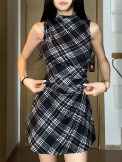 New French Women's Summer Dress-Tight Hip-Black Plaid-Sleeveless