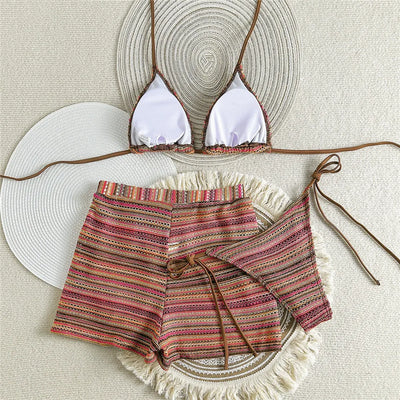Sexy Striped String Bikini Set with Shorts Bottom