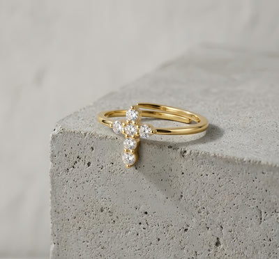 925 Sterling Silver Elegant Gold Cross Ring with CZ Accents and Delicate Interwoven Band