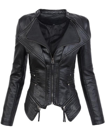 PU Leather Zippered Patchwork Jacket Coats