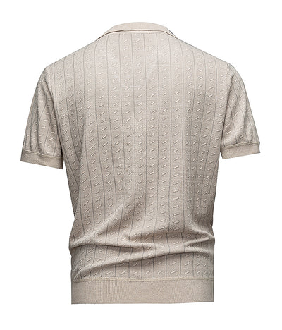 Men's Short Sleeve Knit Polo Shirt, Beige Textured Vertical Stripe Johnny Collar, Smart Casual