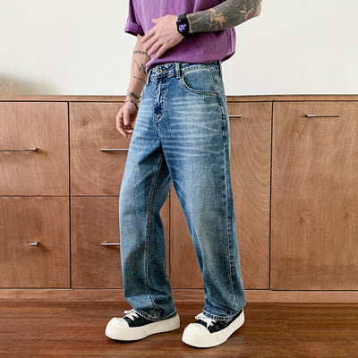High-quality New Washed Blue Men's Jeans, Slightly Stretchy, Regular Fit Straight Leg