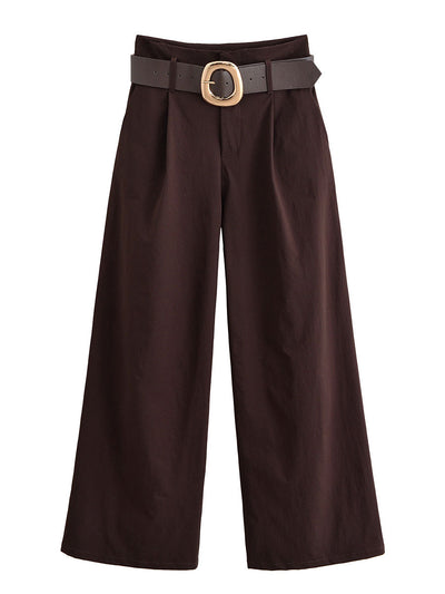 Chocolate Brown High-Waisted Wide-Leg Trousers With Belt