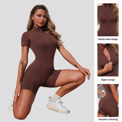 Zippered Short-sleeve Workout And Running, One-piece Shorts jumpsuit