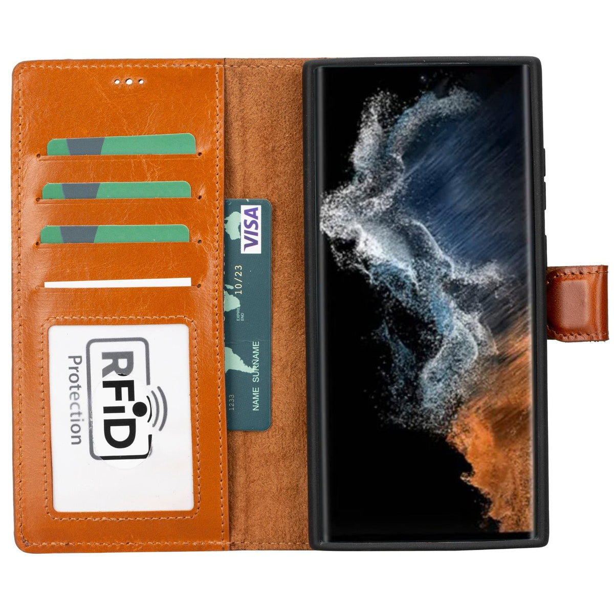 Brown phone case with card slots and screen protector, featuring aVisa card and 'RFID Protection' label.