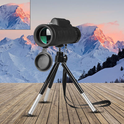 Monocular Zoom Telescope with Tripod and Compass Phone Clip. Compatible with Apple