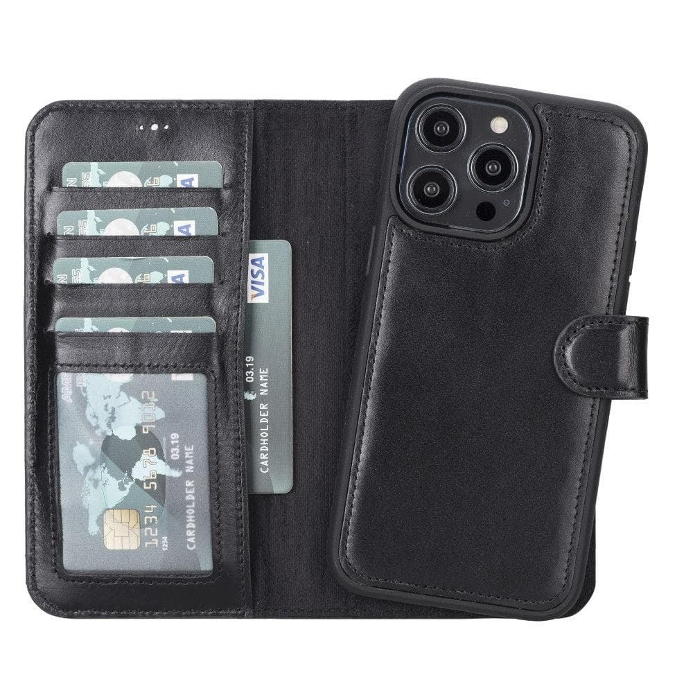 Black phone wallet case with card slots and phone stand feature