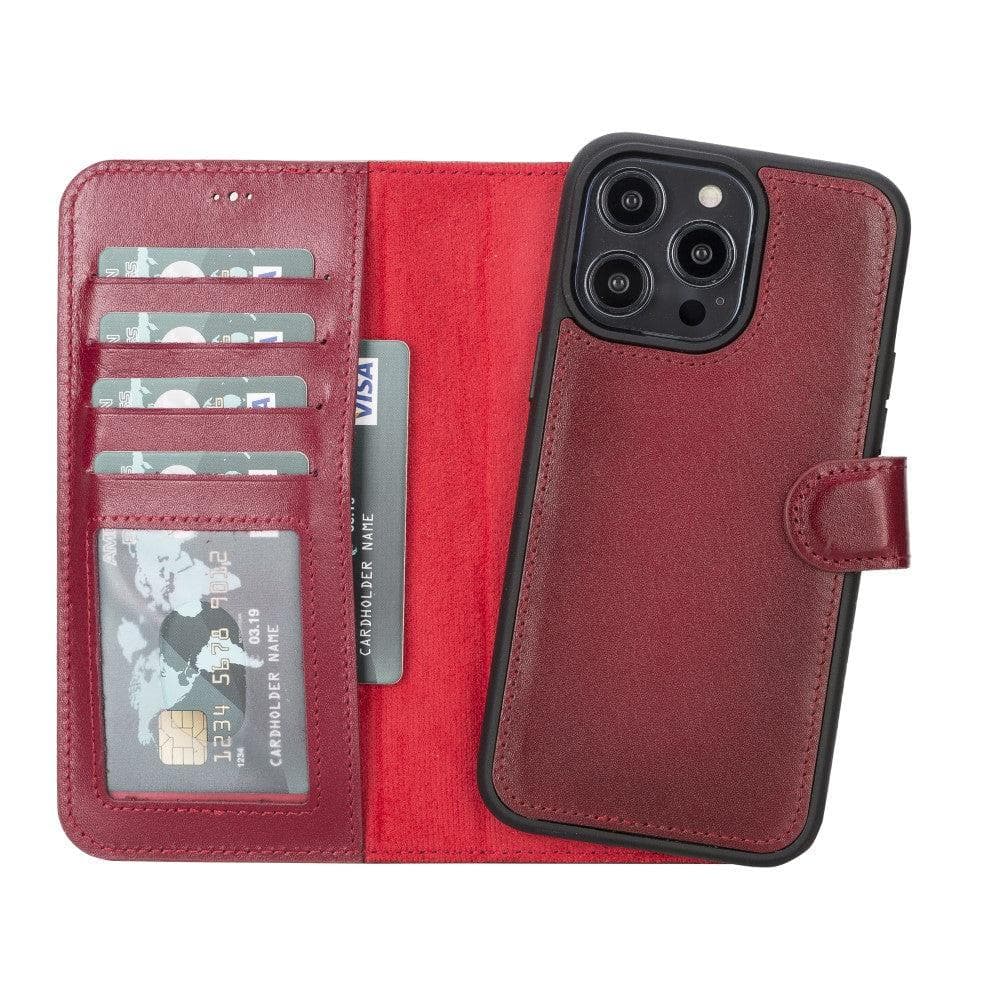 Red phone wallet case with card slots and phone stand feature on a white background