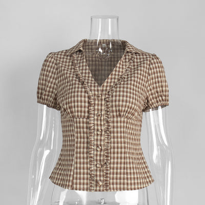 Women's Retro Plaid Lace-Up Small Lapel Shirt