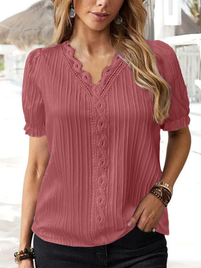 New V-neck Solid Color Lace Hollow-out Short-sleeve Shirt