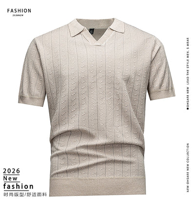 Men's Short Sleeve Knit Polo Shirt, Beige Textured Vertical Stripe Johnny Collar, Smart Casual