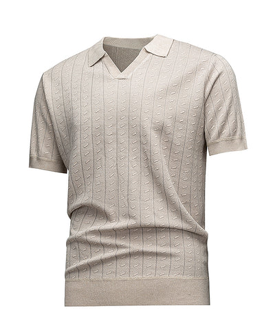 Men's Short Sleeve Knit Polo Shirt, Beige Textured Vertical Stripe Johnny Collar, Smart Casual