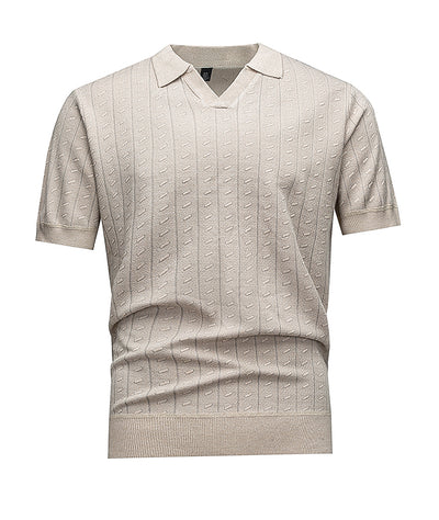 Men's Short Sleeve Knit Polo Shirt, Beige Textured Vertical Stripe Johnny Collar, Smart Casual