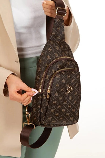 Women Brown Leather Monogram Crossbody Chest And Shoulder Bag