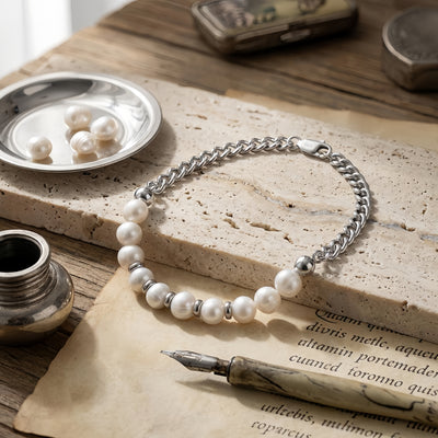925 Sterling Silver Elegant Pearl and Sterling Chain Bracelet with Classic Design