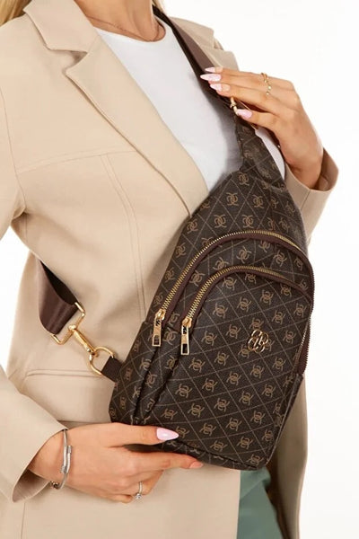 Women Brown Leather Monogram Crossbody Chest And Shoulder Bag