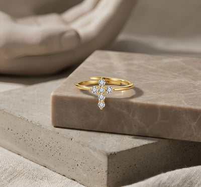 925 Sterling Silver Elegant Gold Cross Ring with CZ Accents and Delicate Interwoven Band