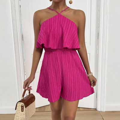 Crinkled Halter Neck Ruffled Jumpsuit Women's One Piece Summer Outfit With Flared Legs And Lightweight Breathable Design
