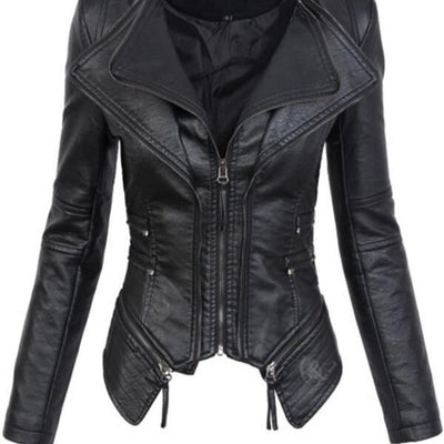 PU Leather Zippered Patchwork Jacket Coats