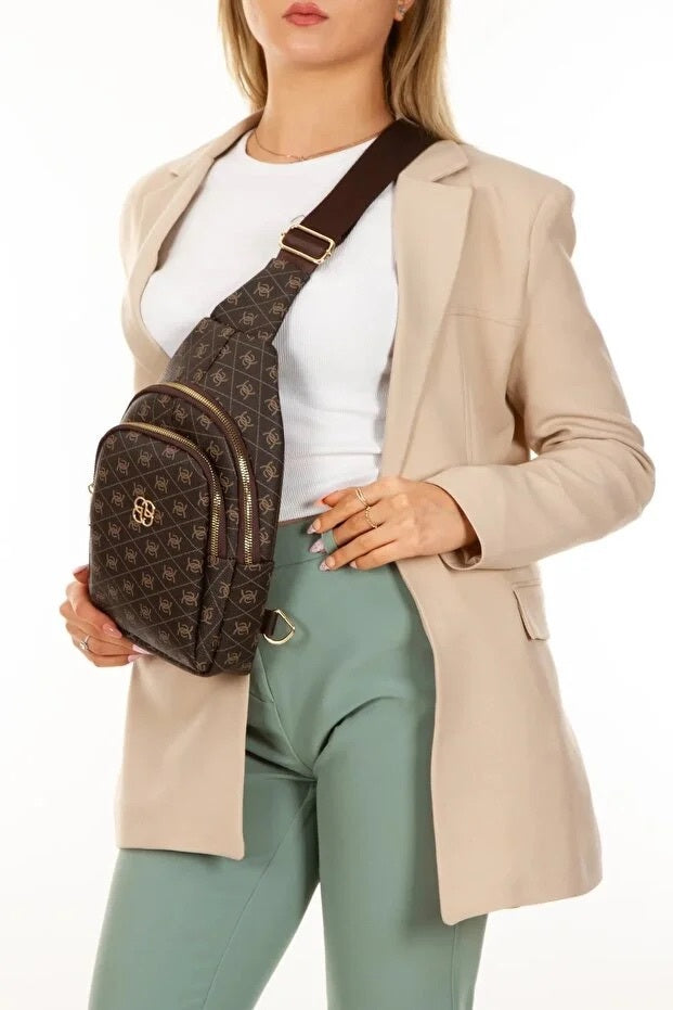 Women Brown Leather Monogram Crossbody Chest And Shoulder Bag