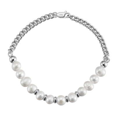 925 Sterling Silver Elegant Pearl and Sterling Chain Bracelet with Classic Design