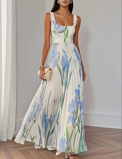 Floral Print Pleated Dress Summer A-Line Sleeveless Midi Dresses Women's Clothing